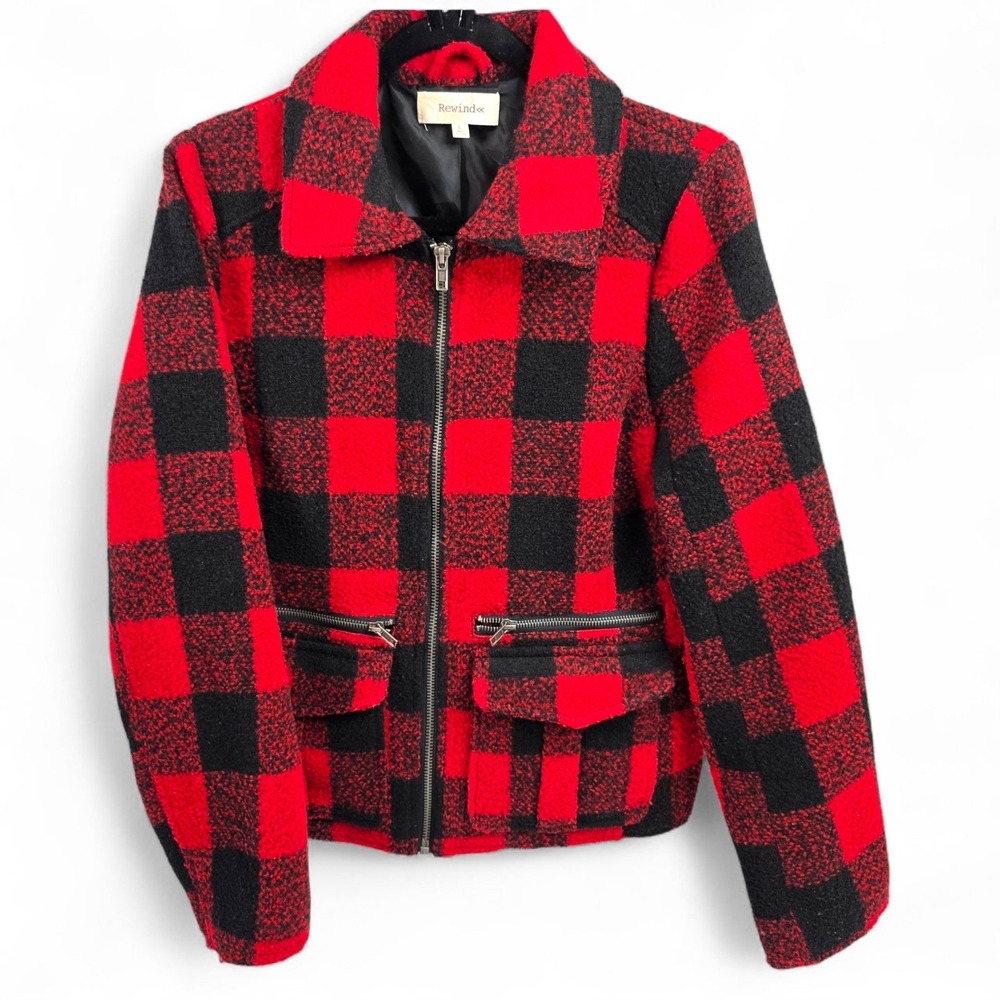 Rewind Buffalo Plaid Jacket Red Black‎ Full Zip Up Collared Coat Womens Large